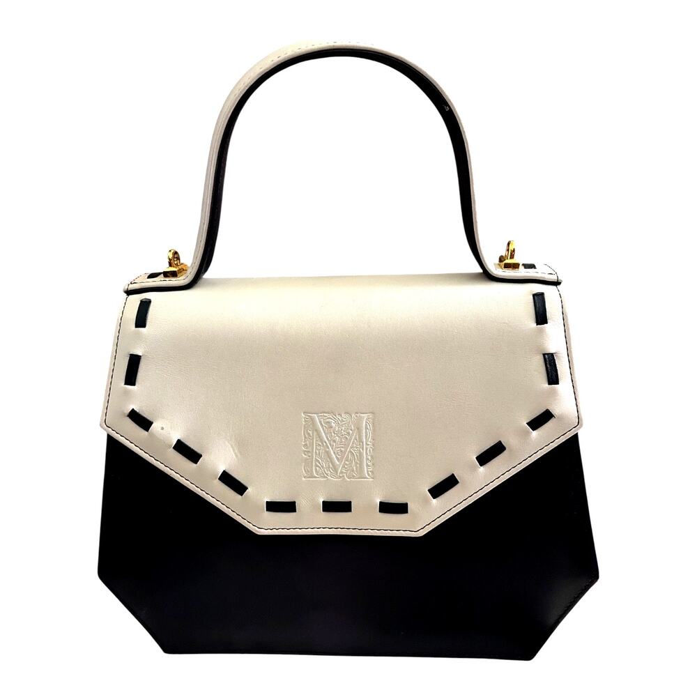 Vintage Madras Leather Crossbody Bag Top Handle Navy Blue Cream M logo